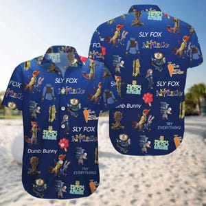 Disney Zootopia Characters Button Shirt, Disneyworld Men Shorts, Judy Hopps, Nick Wilde, Priscilla, Hawaiian Shirt, Disneyland Trip