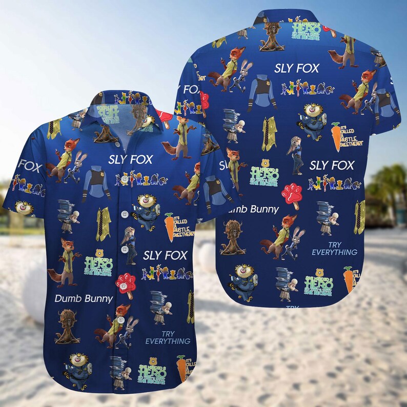 Disney Zootopia Characters Button Shirt, Disneyworld Men Shorts, Judy Hopps, Nick Wilde, Priscilla, Hawaiian Shirt, Disneyland Trip