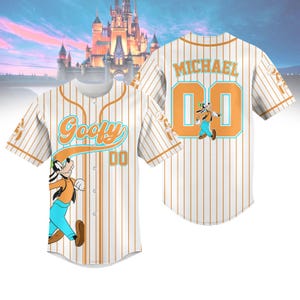 Custom Goofy Dog Striped Baseball Jersey, Disney Goofy Baseball Shirt, Disneyland Jersey Shirt, Disneyworld Shirt, Magic Kingdom Gifts