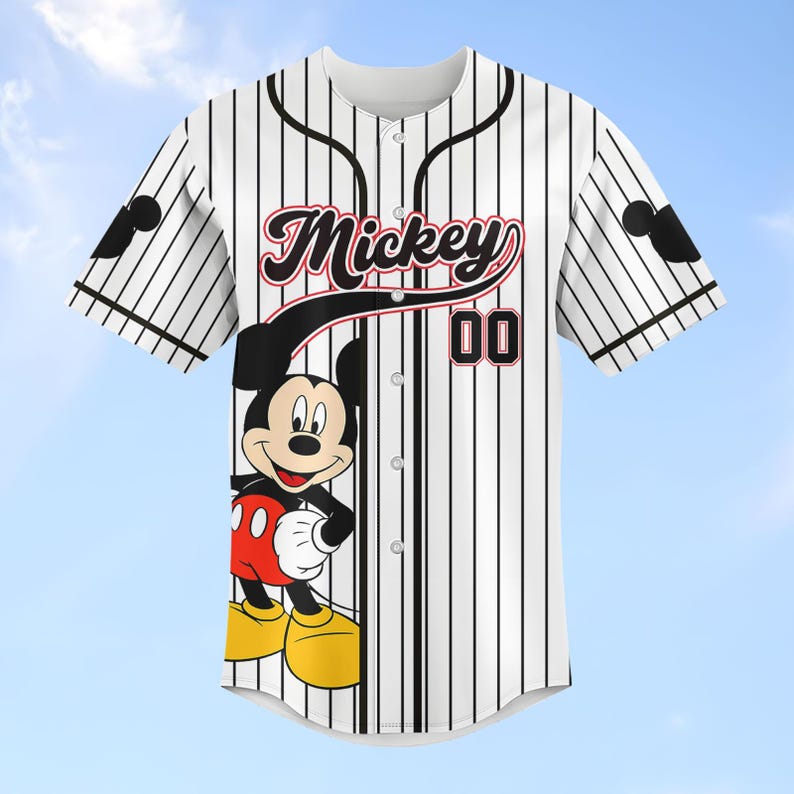 Custom Mickey Mouse Striped Baseball Jersey, Disney Mickey Baseball Shirt, Disneyland Jersey, Disneyworld Shirt, Magic Kingdom Gifts