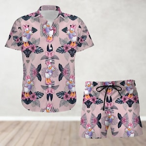 Camisa hawaiana de Daisy Duck, shorts de playa, camisa de Disneyworld, camisa de verano de dibujos animados para mujer, regalo para fans de Daisy, ropa para fans de Disney