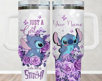Tazza personalizzata Just A Girl Who Loves Stitch da 40 once, tazza con fiore Stitch, tazza da caffè Disney, tazza isolata, Disney World
