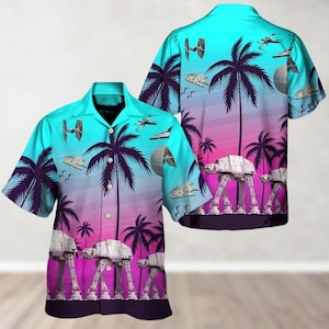 Star Wars Hawaiian Shirt, Spaceships Tropical Forest Hawaii Shirt, Disney Summer Beach Shirt, Movie Button Shirt, Star Wars Day Gift