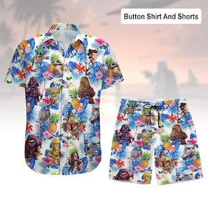 Star Wars Hawaiiaans shirt en short, Disney Movie Button-shirt, Galaxy-shirt, baby Yoda Chewbacca R2D2 zomershirt, Star Wars-fancadeau
