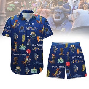Disney Zootopia Characters Button Shirt, Disneyworld Men Shorts, Judy Hopps, Nick Wilde, Priscilla, Hawaiian Shirt, Disneyland Trip