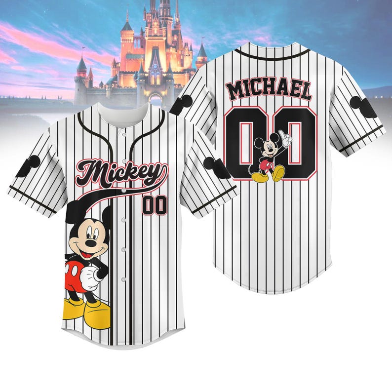 Custom Mickey Mouse Striped Baseball Jersey, Disney Mickey Baseball Shirt, Disneyland Jersey, Disneyworld Shirt, Magic Kingdom Gifts