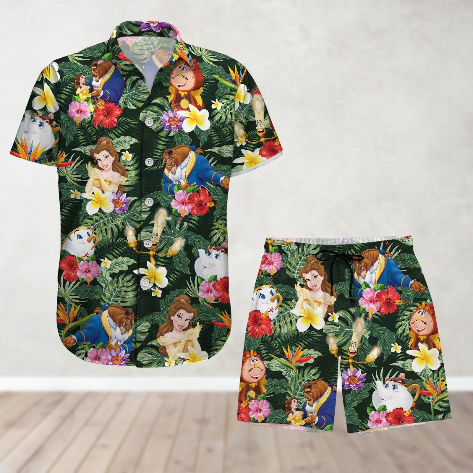 Beauty And The Beast Button Shirt And Shorts, Princess Belle Summer Hawaii Shirt, Disney Cartoon Tropical Shirt, Disney World Shirt