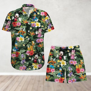 Mickey Button Shirt And Shorts, Mickey And Friends Hawaiian Shirt, Tropical Summer Shirt, Disney Aloha Shirt, Beach Vacation Outfit