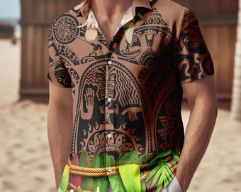Camicia con bottoni Maui, pantaloncini da uomo, costume da uomo di Moana Maui, maglietta di Halloween con tatuaggio polinesiano, maglietta abbinata con personaggi Disney