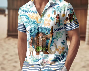 Disney Moana Button Shirt, Unisex Shorts, Maui Moana Hei Hei and Pua Hawaiian Shirt, Disney Family Shirt, Princess Summer Beach Shirt