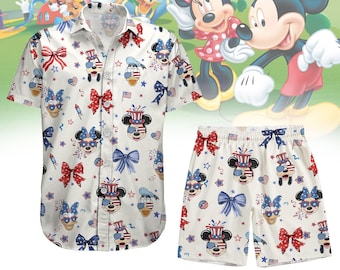 Chemise hawaïenne coquette Mickey et ses amis patriotique Disney 4 juillet, chemise boutonnée Wdw Disneyland Family America 4 juillet
