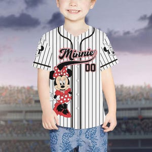 Custom Minnie Mouse Striped Baseball Jersey, Disney Minnie Baseball Shirt, Disneyland Jersey, Disneyworld Shirt, Magic Kingdom Gifts