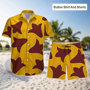 May include: A yellow button-up shirt and matching shorts with a maroon floral pattern. "Button Shirt And Shorts" is written in white text at the top of the image.