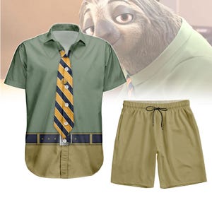 May include: A two-piece outfit featuring a short-sleeved green shirt with a yellow and navy striped tie design, and khaki shorts. The shirt has a belt design at the bottom. A cartoon sloth character is in the background.