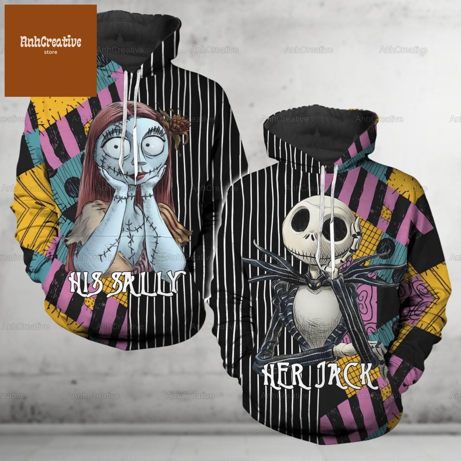 Felpa Con Cappuccio Unisex Jack & Sally: Stampa 3D, Cosplay Nightmare Before Christmas, Tasche