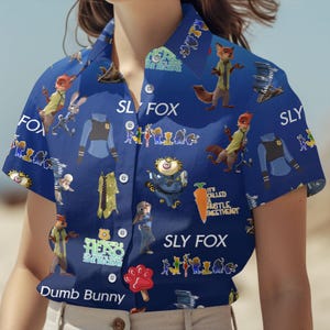Disney Zootopia Characters Button Shirt, Disneyworld Men Shorts, Judy Hopps, Nick Wilde, Priscilla, Hawaiian Shirt, Disneyland Trip