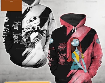 Moletom com capuz personalizado Jack e Sally para casal, moletom com capuz combinando com filmes da Disney, moletom com capuz para ele e para ela, camisa Jack Skellington, presentes de casal para ela e ele