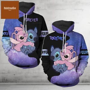 Custom Disney Stitch And Angel Couple Hoodie, Together And Forever Hoodie, His And Her Hoodie, Lilo Stitch Movie Hoodie, Couple Gifts