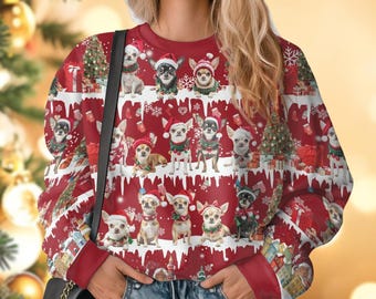 May include: Red Christmas sweater featuring multiple Chihuahua dogs wearing Santa hats and festive collars. The sweater has a repeating pattern of dogs, Christmas trees, snowflakes, and gift boxes. The cuffs and neckline are solid red.