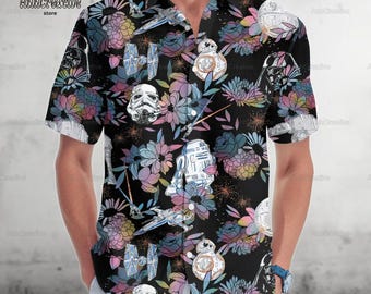 Camisa con botones de flores de Disney Star Wars, camisa hawaiana de nave espacial Stormtrooper R2D2 BB8, camisa playera de película de verano, camisa de vacaciones Aloha