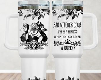 Vaso de 40 oz con diseño de villanos de Disney, vaso de Bad Witches Club, vaso de café con diseño de brujas de Disney, Ursula, reina malvada, vaso térmico con diseño de Maléfica