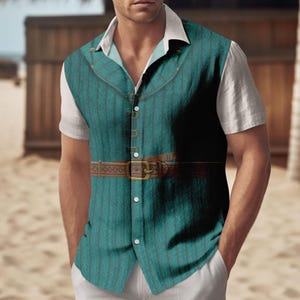 May include: A teal button-up shirt with a vest overlay design. The vest features vertical stripes, a brown belt with a gold buckle, and a white collar. The shirt has short sleeves and is worn over a white undershirt.