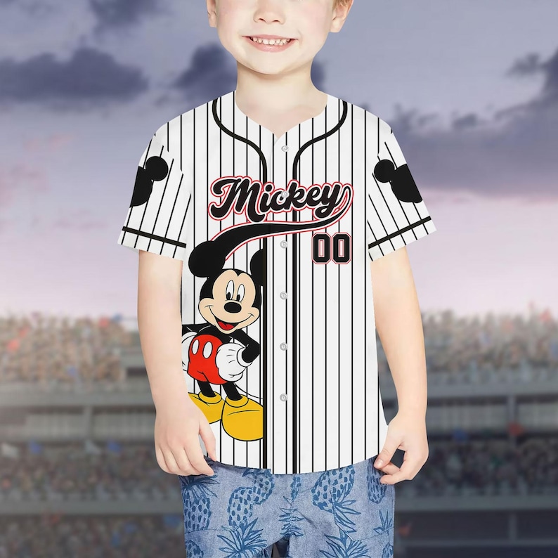 Custom Mickey Mouse Striped Baseball Jersey, Disney Mickey Baseball Shirt, Disneyland Jersey, Disneyworld Shirt, Magic Kingdom Gifts