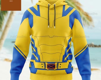 May include: Yellow and blue hoodie with a superhero design. The hoodie has a black belt with a red X on it.