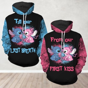 Custom Stitch And Angel Couple Hoodie, Disney Lilo Stitch Shirt, From Our First Kiss Till Our First Breath Hoodie, Valentine&#39;s Day Gift
