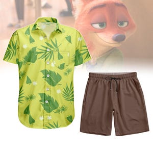 Green Nick Wilde Button Shirt, Men Shorts, Disney Zootopia Cosplay Costume, Animal Kingdom, Disneyland, Halloween Disneyworld Shirt