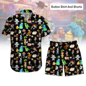Disney Toy Story Button Shirt und Shorts, Toy Story Freunde Sommer Outfit, Buzz Woody Jessie Shirt, Pixar Cartoon Geschenk für ihn ihre Fans
