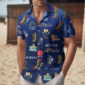 Disney Zootopia Characters Button Shirt, Disneyworld Men Shorts, Judy Hopps, Nick Wilde, Priscilla, Hawaiian Shirt, Disneyland Trip