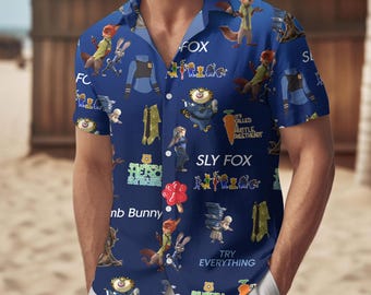 Disney Zootopia Characters Button Shirt, Disneyworld Men Shorts, Judy Hopps, Nick Wilde, Priscilla, Hawaiian Shirt, Disneyland Trip