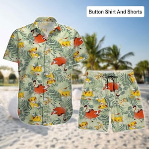 Lion King Floral Button Shirt, Cartoon Shorts, Disney Hawaiian Shirt, Simba Nala Mufasa Timon Pumbaa Shirt, Disneyland, Animal Kingdom