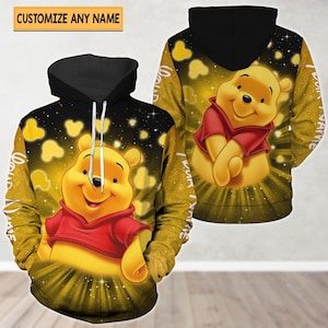 Cute Pooh Hearts Hoodie, Custom Disney Pooh Sweatshirt, Winnie The Pooh Shirt, Movie Cartoon Zip Hoodie For Women Men, Pooh Lover Gifts