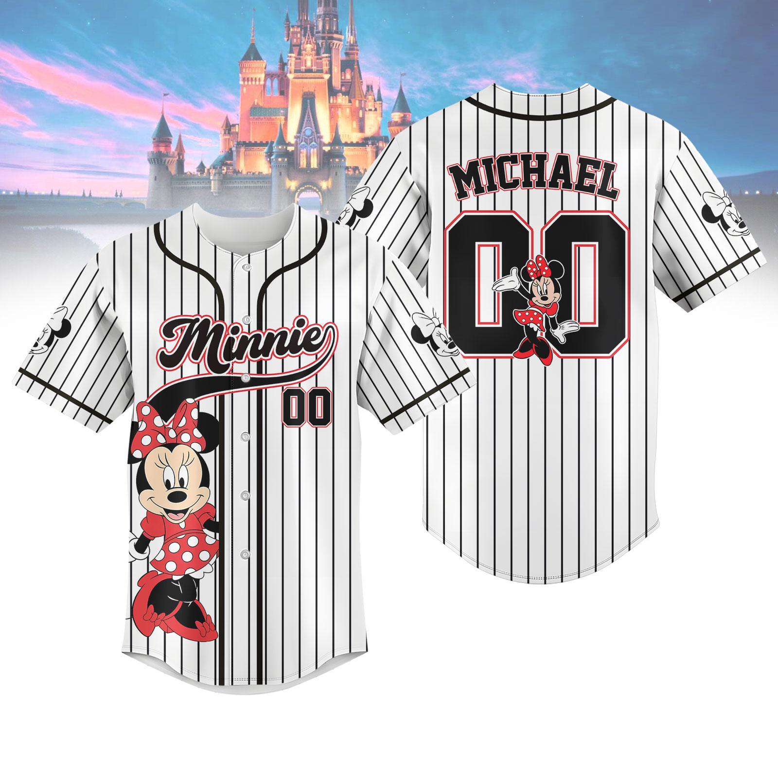 Custom Minnie Mouse Striped Baseball Jersey, Disney Minnie Baseball Shirt, Disneyland Jersey, Disneyworld Shirt, Magic Kingdom Gifts