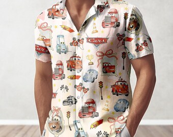 Camisa de botones Coquette de Disney Cars con acuarela, camisa hawaiana de Lightning McQueen, Mater, Doc Hudson y Sally Carrera, viaje de chicas de Disney Cars