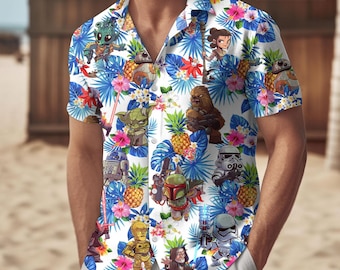 Camisa hawaiana y pantalones cortos de Star Wars, camisa con botones de películas de Disney, camisa Galaxy, camisa de verano de Baby Yoda, Chewbacca y R2D2, regalo para fans de Star Wars