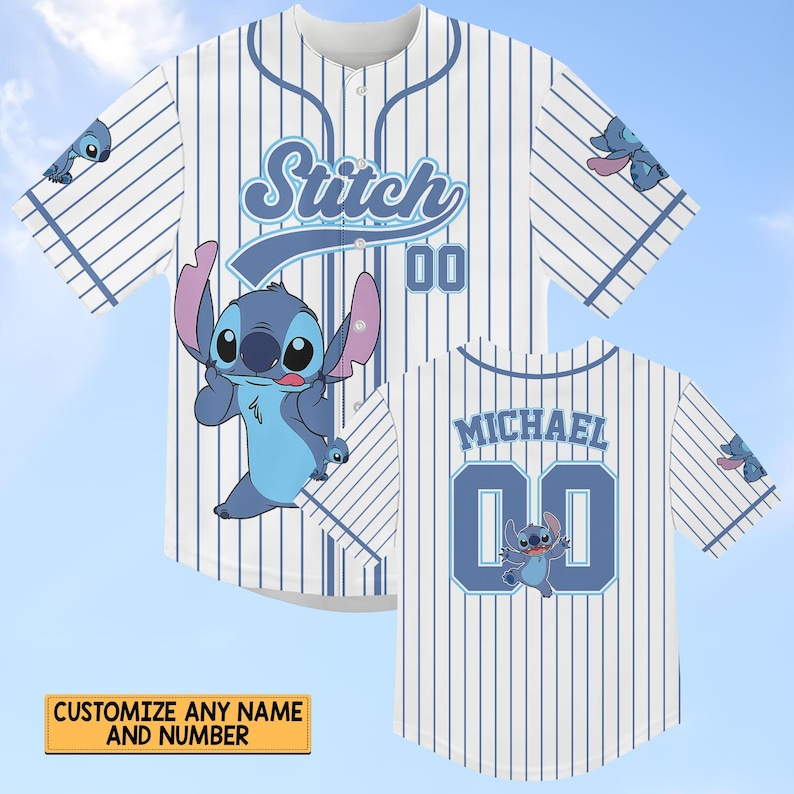Custom Stitch Striped Baseball Jersey, Disney Lilo And Stitch Baseball Shirt, Disneyland Jersey, Disneyworld Shirt, Magic Kingdom Gifts