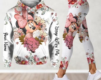 Custom Minnie Floral Hoodie And Leggings, Minnie Flower Shirt, Disneyland Women Leggings, Minnie Lover Shirt Gift For Her Women Girls