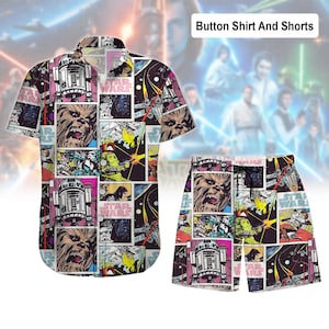 Koszula i spodenki hawajskie Star Wars Comic, strój wakacyjny Disney Galaxy, letnia koszula plażowa, Chewbacca R2d2 Darth Vader Fan Beachwear