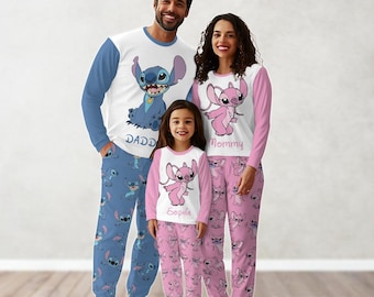 Custom Stitch Family Pajamas Set, Stitch Angel Matching Pajamas, Cartoon Movie Holiday Pajamas, Xmas Party Gift, Disney Set Of Pajamas
