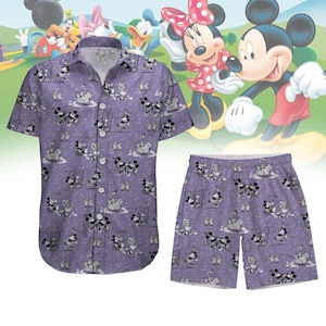 Camisa de botones de Disney Mickey Mouse y Minnie Mouse bailando, pantalones cortos para hombre, camisa hawaiana de dibujos animados, camisa de Disneyland Hawaii, camisa de playa de verano