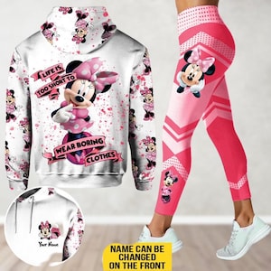 Sudadera con capucha y leggings personalizados de Minnie Mouse, sudadera con capucha de Disney Minnie, leggings para mujer, sudadera con capucha de dibujos animados de películas de Disney, regalo para amantes de Minnie para ella