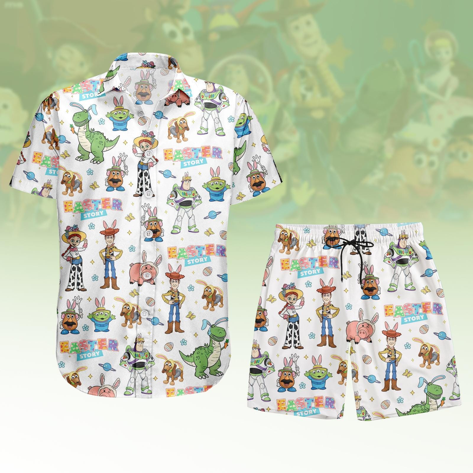 Discover Toy Story Easter Button Shirt, Shorts, Happy Easter 2026 Hawaiian Shirt, Woody Buzz Jessie Rex Shirt, Cute Bunny Easter Egg Hunt Shirt