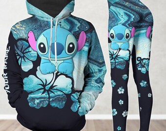 Sudadera con capucha y leggings florales de Stitch personalizados, ropa de Lilo y Stitch de Disney, atuendo bonito de Disneyland, camiseta de Disneyworld, regalo de Magic Kingdom