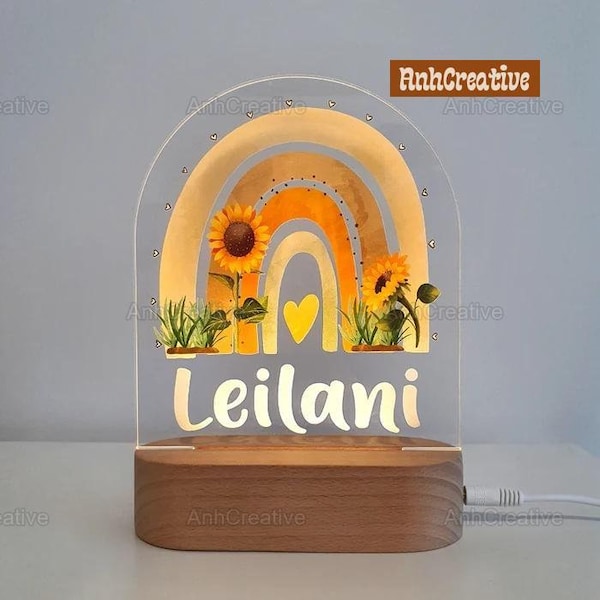 Gepersonaliseerde geschenken nachtlampje voor kinderen, zonnebloem regenboog nachtlampje, babykamer decor, kinderkamer licht, nachtverlichting