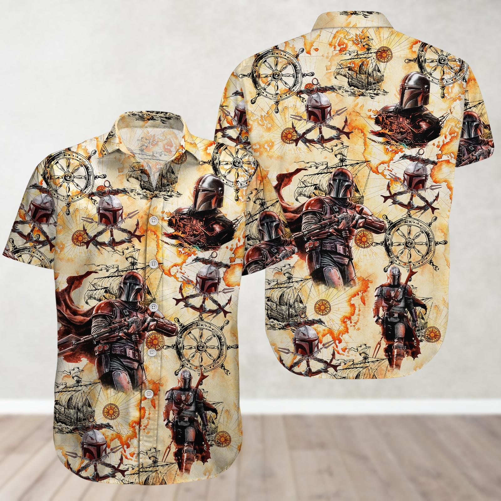 Star Wars Pirate Hawaiian Shirt, Mandalorian Cruise Button Shirt, Men's Beach Shirt, Sci-Fi Summer Aloha Shirt, Disney Vacation Outfit