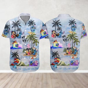 Stitch Hawaiian Shirt And Shorts, Lilo Stitch Outfit, Disney Tropical Button Shirt, Summer Beach Vacation Shirt, Cute Cartoon Beachwear