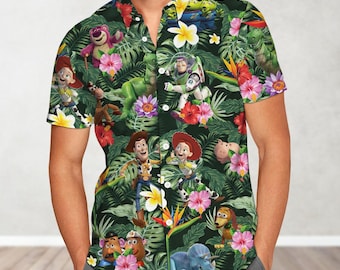 Disney Pixar Retro Toy Story Botão Camisa E Short, Slinky Woody Buzz Jessie Rex Lotso Camisa, Woody E Amigos Grupo Havaiano Camisa